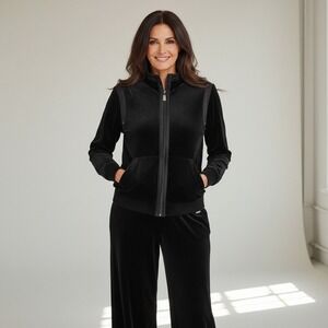 St John Sport Marie Gray Black Velour Tracksuit Set Jacket Pants Size Small